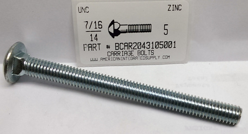 7/16-14X5 CARRIAGE BOLT FULLY THREADED A307 STEEL ZINC PLATED