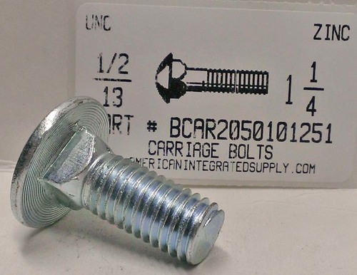 1/2-13X1-1/4 CARRIAGE BOLT FULLY THREADED A307 STEEL ZINC PLATED