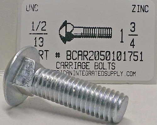 1/2-13X1-3/4 CARRIAGE BOLT FULLY THREADED A307 STEEL ZINC PLATED