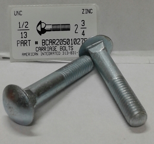 1/2-13X2-3/4 CARRIAGE BOLT FULLY THREADED A307 STEEL ZINC PLATED