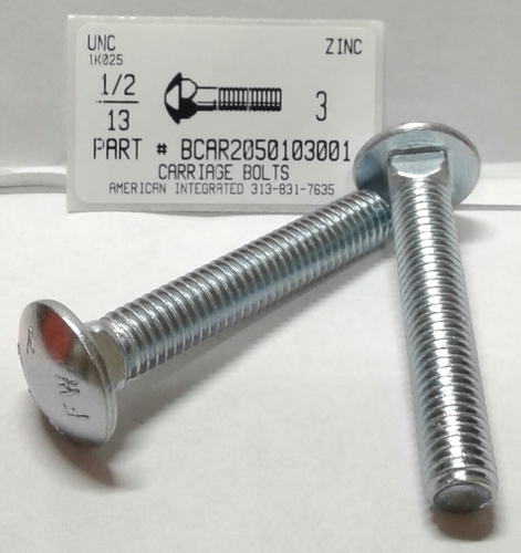 1/2-13X3 CARRIAGE BOLT FULLY THREADED A307 STEEL ZINC PLATED