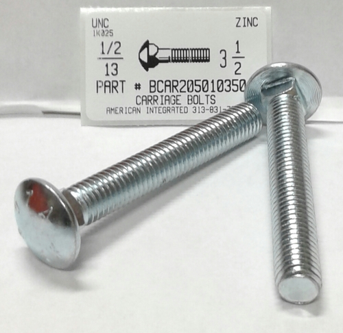 1/2-13X3-1/2 CARRIAGE BOLT FULLY THREADED A307 STEEL ZINC PLATED