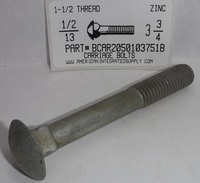 1/2-13X3-3/4 CARRIAGE BOLT 1-3/8 THREAD STEEL ZINC PLATED