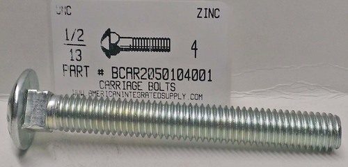 1/2-13X4 CARRIAGE BOLT FULLY THREADED A307 STEEL ZINC PLATED