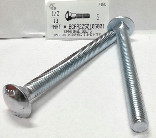 1/2-13X5 CARRIAGE BOLT FULLY THREADED A307 STEEL ZINC PLATED