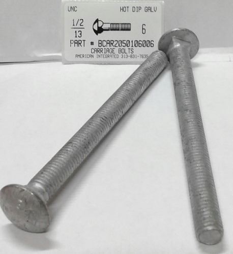 1/2-13X6 CARRIAGE BOLT FULLY THREADED A307 STEEL HOT DIP GALVANIZED