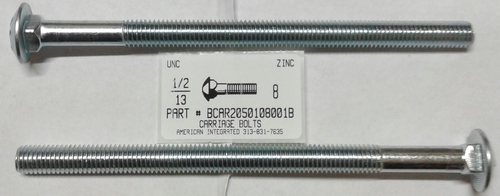 1/2-13X8 CARRIAGE BOLT 6" THREAD A307 STEEL ZINC PLATED