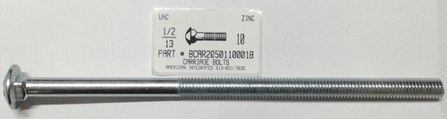 1/2-13X10 CARRIAGE BOLT 6" THREAD A307 STEEL ZINC PLATED