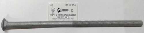 1/2-13X12 CARRIAGE BOLT 6" THREAD A307 STEEL HOT DIP GALVANIZED