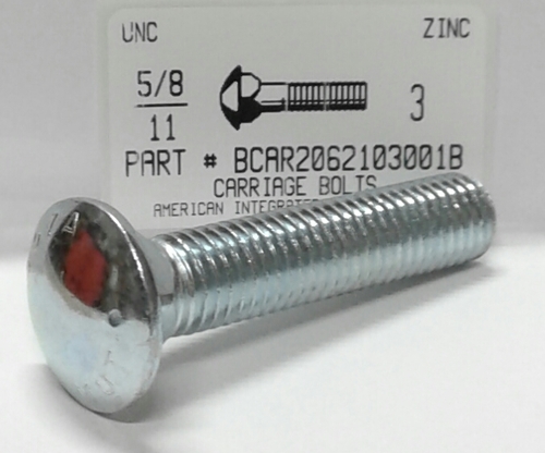 5/8-11X3 CARRIAGE BOLT FULLY THREADED A307 STEEL ZINC PLATED