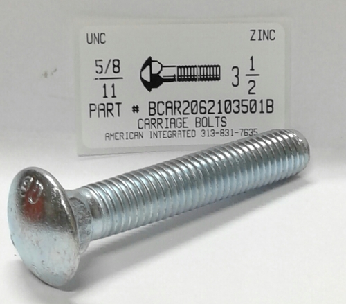 5/8-11X3-1/2 CARRIAGE BOLT FULLY THREADED A307 STEEL ZINC PLATED