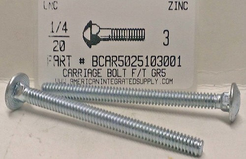 1/4-20X3 CARRIAGE BOLT FULLY THREADED GRADE 5 STEEL ZINC PLATED