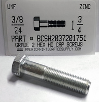 3/8-24X1-3/4 HEX HEAD CAP SCREW GRADE 2 STEEL ZINC PLATED (DISCONTINUED)