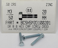 M3-.50X20mm HEX HEAD CAP SCREW CLASS 8.8 STEEL ZINC D933
