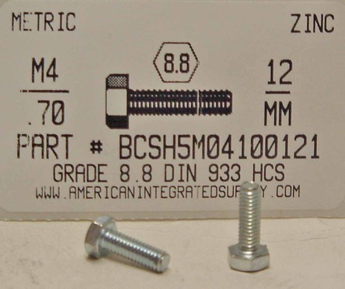 M4-.70X12mm HEX HEAD CAP SCREW 8.8 STEEL ZINC D933