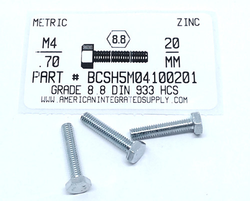 M4-.70X20mm HEX HEAD CAP SCREW 8.8 STEEL ZINC D933