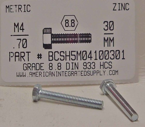 M4-.70X30mm HEX HEAD CAP SCREW 8.8 STEEL ZINC D933