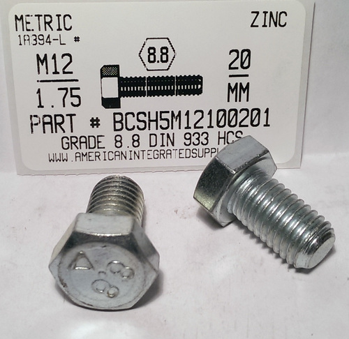 M12-1.75X20mm HEX HEAD CAP SCREW 8.8 STEEL ZINC D933