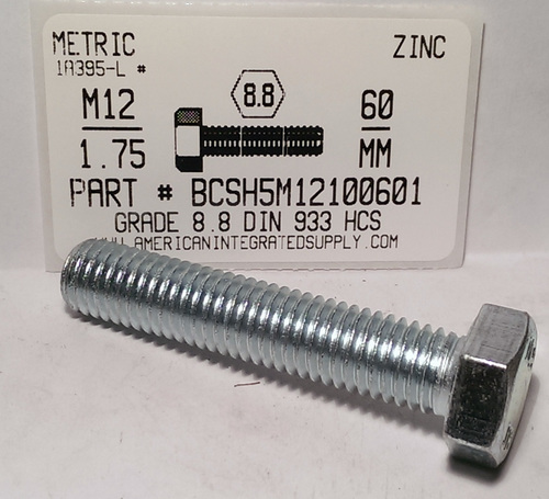 M12-1.75X60mm HEX HEAD CAP SCREW 8.8 STEEL ZINC D933
