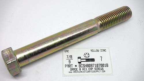 7/8-9X7 HEX HEAD CAP SCREW GRADE 8 STEEL YELLOW ZINC PLATED