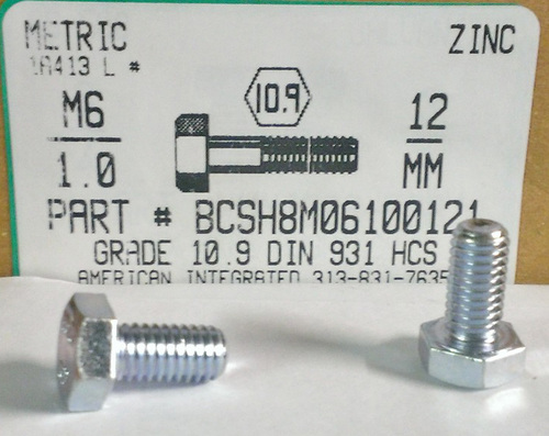 M6-1.00X12mm HEX HEAD CAP SCREW 10.9 STEEL ZINC D933