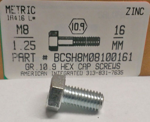 M8-1.25X16mm HEX HEAD CAP SCREW 10.9 STEEL ZINC D933