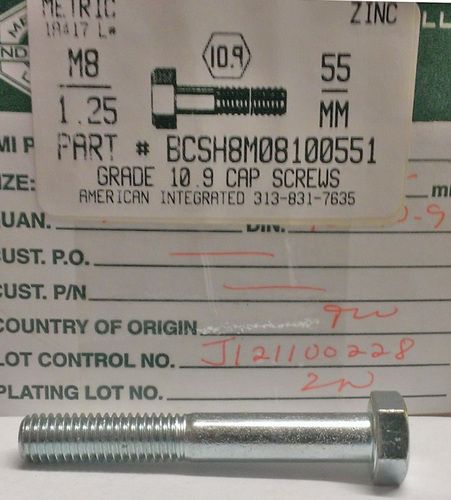 M8-1.25X55MM HEX HEAD CAP SCREW 10.9 STEEL ZINC D931