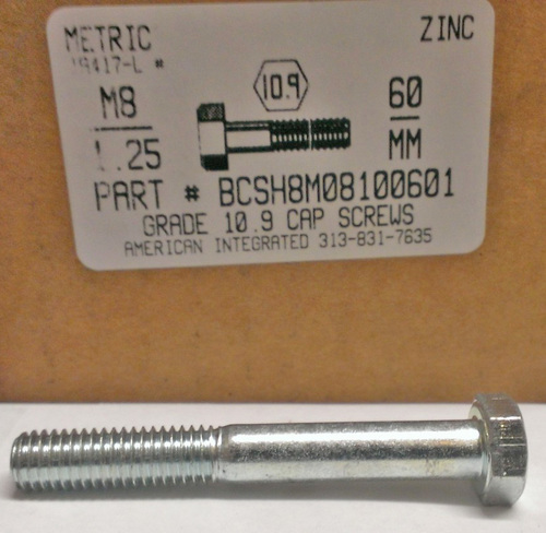 M8-1.25X60mm HEX HEAD CAP SCREW 10.9 STEEL ZINC D931