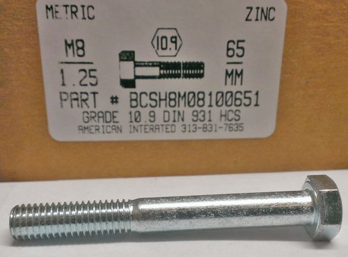 M8-1.25X65mm HEX HEAD CAP SCREW 10.9 STEEL ZINC D931