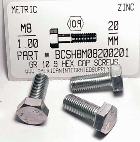 M8-1.00X20mm HEX HEAD CAP SCREW 10.9 STEEL ZINC D961