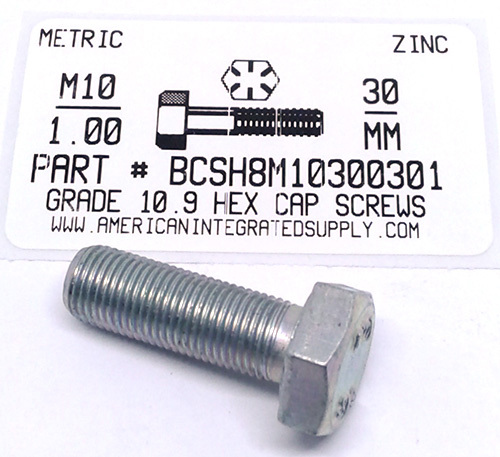 M10-1.00X30mm HEX HEAD CAP SCREW 10.9 STEEL ZINC D961