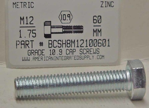 M12-1.75X60MM HEX HEAD CAP SCREW 10.9 STEEL ZINC D931