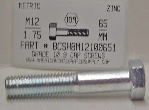 M12-1.75X65mm HEX HEAD CAP SCREW 10.9 STEEL ZINC D931