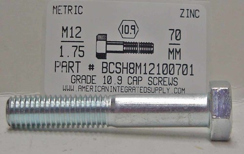 M12-1.75X70mm HEX HEAD CAP SCREW 10.9 STEEL ZINC D931