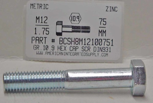 M12-1.75X75mm HEX HEAD CAP SCREW 10.9 STEEL ZINC D931