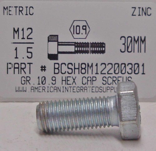 M12-1.50X30mm HEX HEAD CAP SCREW 10.9 STEEL ZINC D961