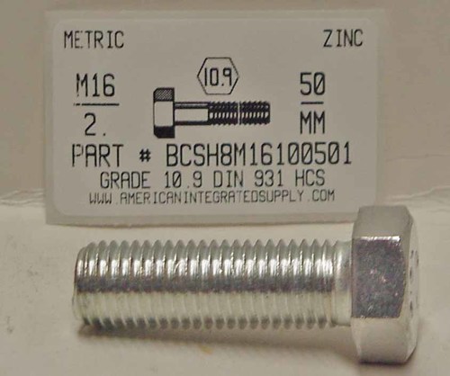 M16-2.00X50mm HEX HEAD CAP SCREW 10.9 STEEL ZINC D933