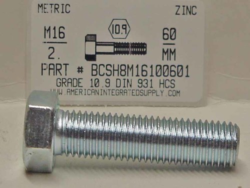 M16-2.00X60mm HEX HEAD CAP SCREW 10.9 STEEL ZINC D933