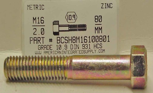 M16-2.00X80mm HEX HEAD CAP SCREW 10.9 STEEL ZINC D931