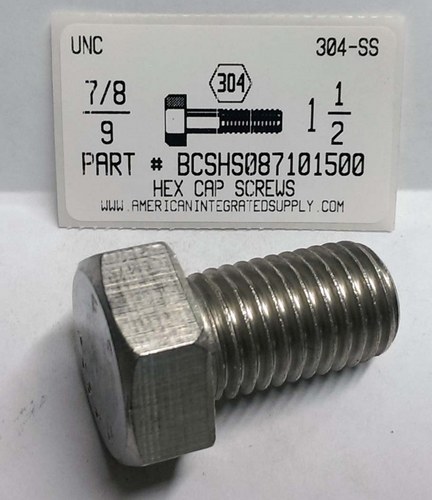 7/8-9X1-1/2 HEX HEAD CAP SCREW 304 STAINLESS STEEL