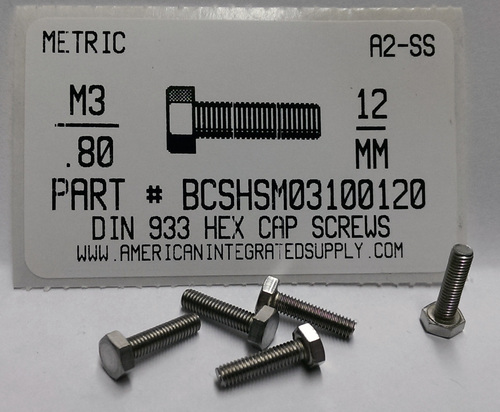 M3-.50X12MM HEX CAP SCREW A2 STAINLESS STEEL D933