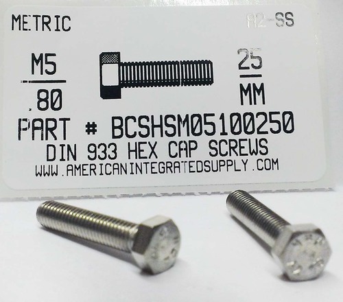 M5-.80X25mm HEX HEAD CAP SCREW A2 STAINLESS STEEL D933