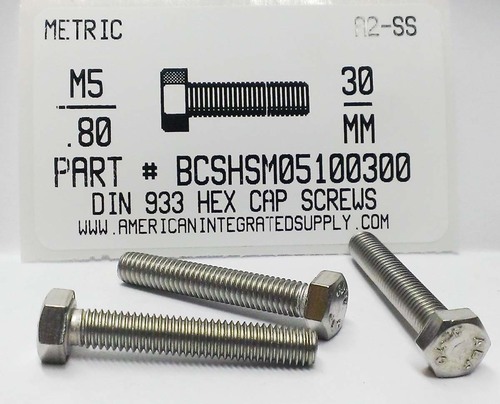 M5-.80X30mm HEX HEAD CAP SCREW A2 STAINLESS STEEL D933