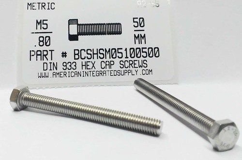 M5-.80X50mm HEX HEAD CAP SCREW A2 STAINLESS STEEL D933