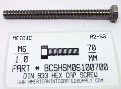 M6-1.00X70mm HEX HEAD CAP SCREW A2 STAINLESS STEEL D933