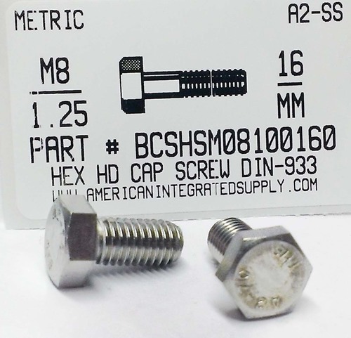 M8-1.25X16mm HEX HEAD CAP SCREW A2 STAINLESS STEEL D933