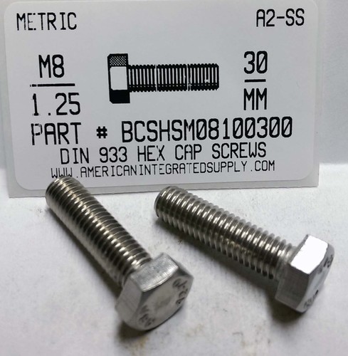 M8-1.25X30mm HEX HEAD CAP SCREW A2 STAINLESS STEEL D933