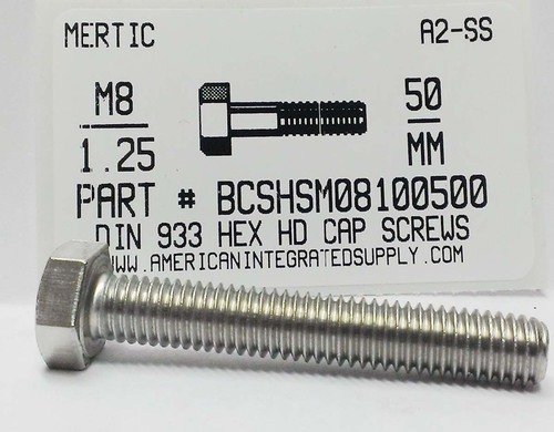 M8-1.25X50mm HEX HEAD CAP SCREW A2 STAINLESS STEEL D933