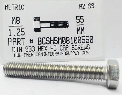 M8-1.25X55mm HEX HEAD CAP SCREW A2 STAINLESS STEEL D933