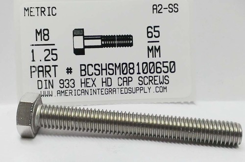 M8-1.25X65mm HEX HEAD CAP SCREW A2 STAINLESS STEEL D933